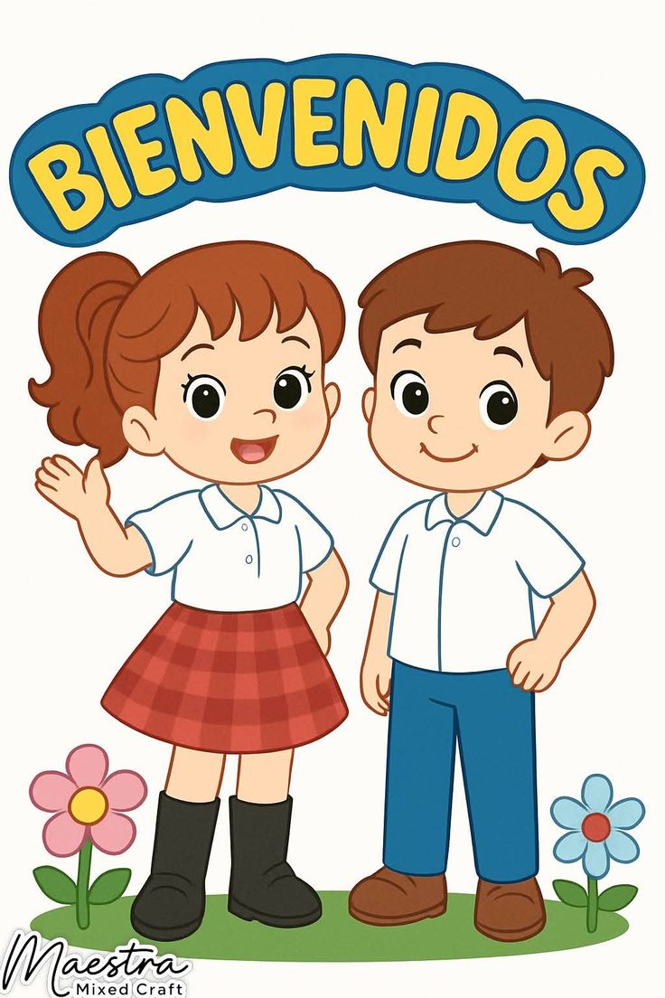 Dos niños dando la bienvenida